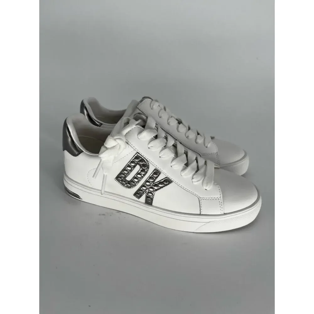 DKNY Abeni Sneakers Logo Detail Lace Up White Silver - Size 8.5M